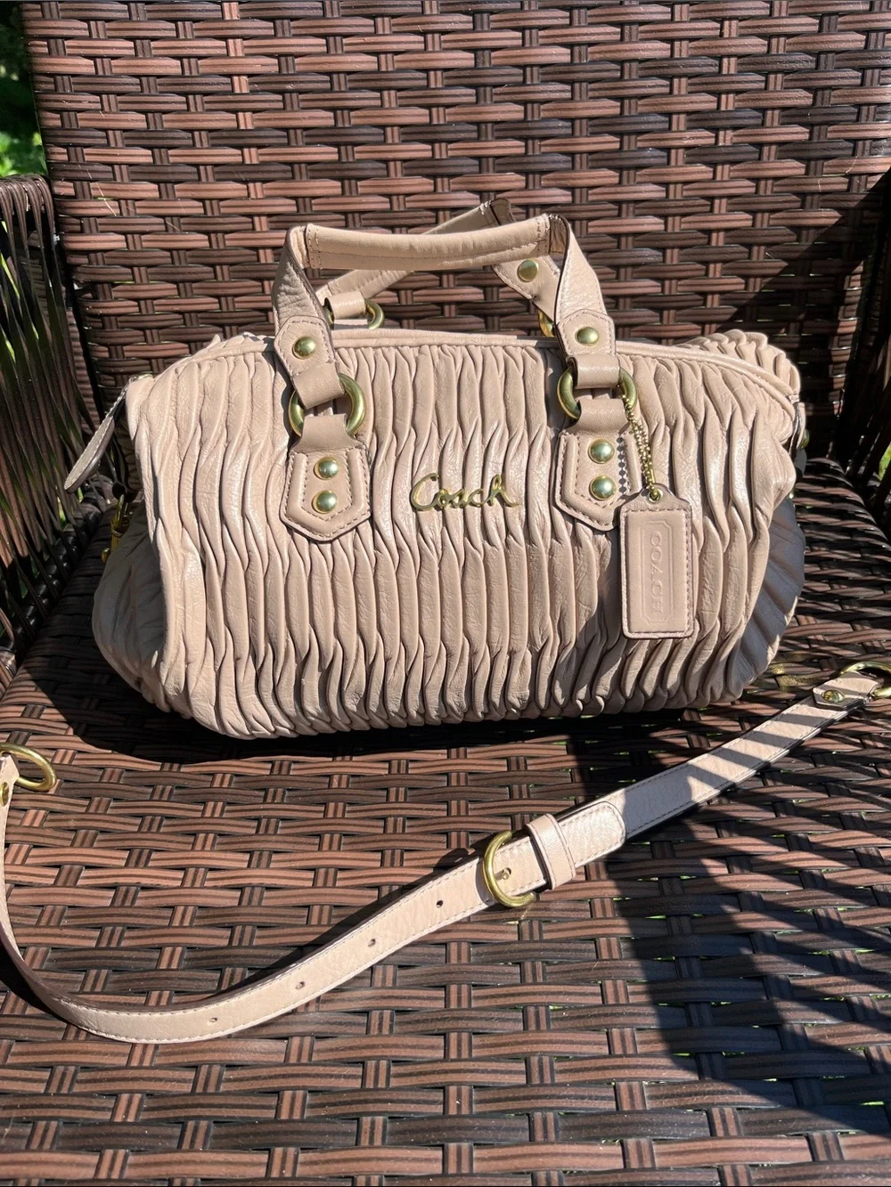 Coach Ashley Pebble-Pleat Satchel in Light Beige